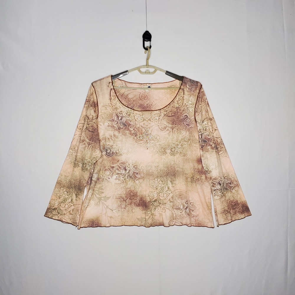 One World Vtg Graphic Sequin Top Women 2X Indie Grunge Y2K Forest Fairy Lettuce